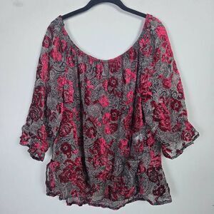 Democracy Womens Velvet Burnout Sheer Top 2X Red Black Off Shoulder Whimsigoth